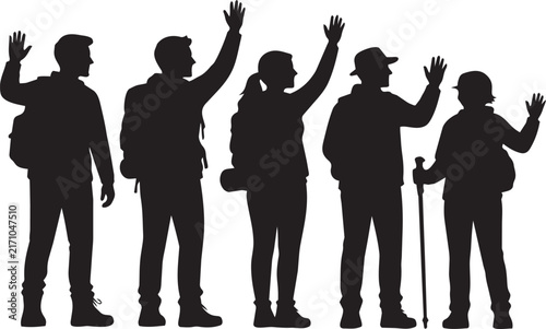 Group of Hikers Waving Silhouette Vector Illustration for Outdoor Adventure and Travel Posters
