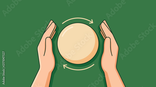 An illustration features two hands positioned on either side of a central beige circle with arrows indicating a rotating circular motion against a solid green background.