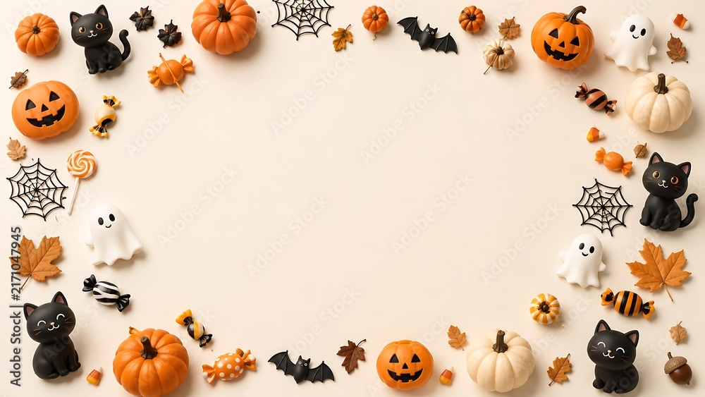 Fototapeta premium Whimsical Halloween border with pumpkins, black cats, ghosts, bats, candy and autumn leaves around copy space