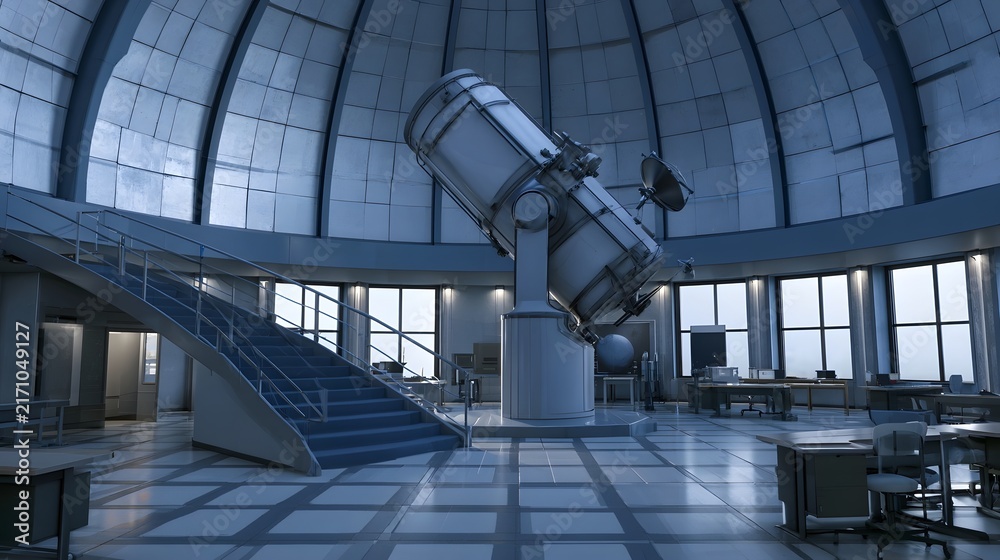 Fototapeta premium A large telescope stands in the center of an empty observatory dome with a staircase and workstations under diffused light