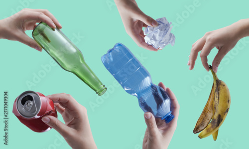 Canvastavla Hands Holding Different Types of Waste and Organic Peel for Environmental Sortin
