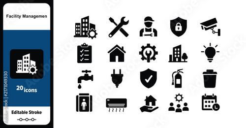 Facility Management and Maintenance Solid Icon Set with Security Safety and Service Symbols