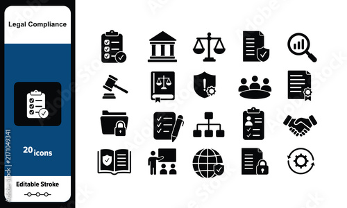 Legal Compliance and Governance Solid Icon Set with Justice Security and Business Symbols