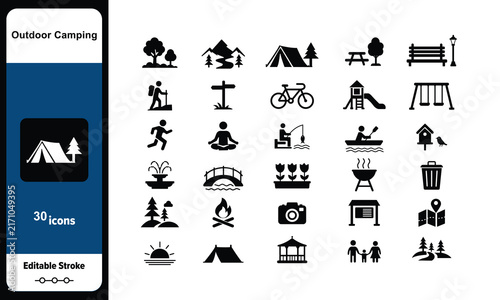 Outdoor Camping and Recreation Solid Icon Set with Hiking Cycling and Nature Symbols