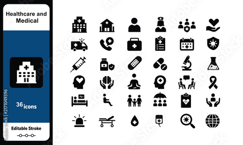 Healthcare and Medical Solid Icon Set with Hospital Doctor Medicine and Wellness Symbols