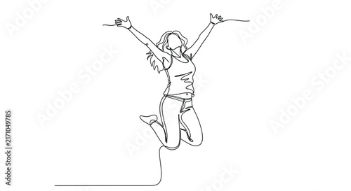 Bild auf Leinwand Jumping woman depicted as a continuous line drawing silhouette female