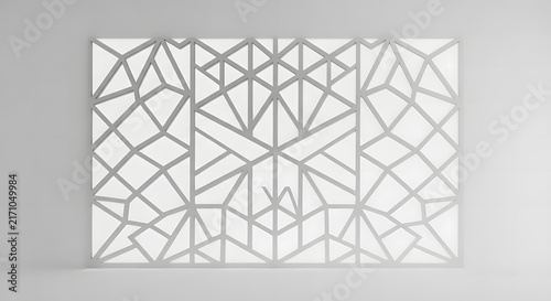 White geometric laser cut panel with abstract lattice pattern on grey background.