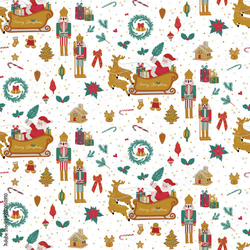 Joyful, vintage, maximalist, seamless Christmas pattern filled with Santa in his sleigh, classic nutcrackers, wreaths, ornaments, gifts, poinsettias etc. Merry & Bright Christmas Collection.