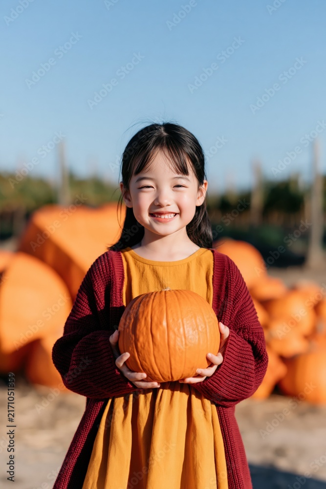 Fototapeta premium Smiling girl holding pumpkin outdoors autumn harvest portrait for fall poster background
