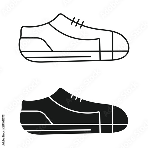 Modern sneaker shoes icon set in outline and solid black style for footwear design