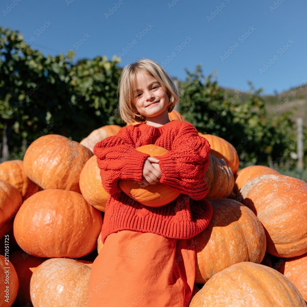 Naklejka premium Smiling child holding a pumpkin by a pile of large pumpkins in a vineyard for autumn harvest background and seasonal banner design