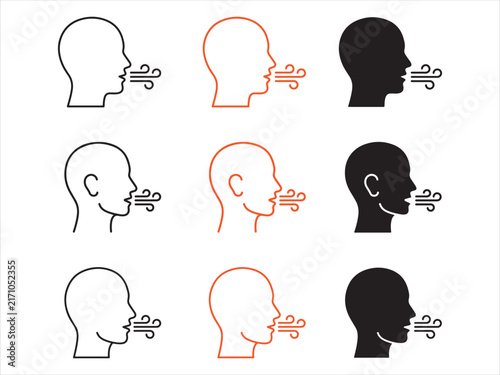 Set of human head profile icons showing breathing and respiratory airflow patterns in various artistic styles