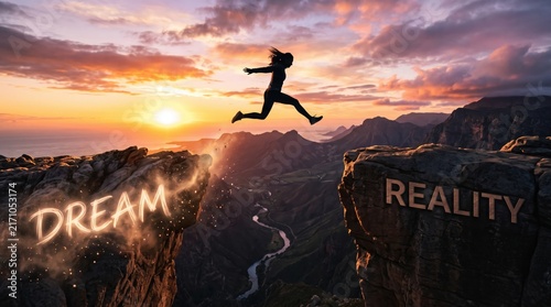 Jumping from dream to reality at sunset on a mountain