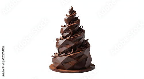 Geometric chocolate Christmas tree sculpture decorated with curls and cocoa powder.