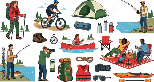 Camping and outdoor recreation vector set with cartoon characters hiking cycling fishing canoeing tent and adventure equipment icons