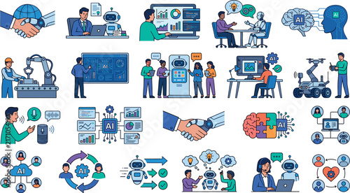 Artificial intelligence business integration flat vector icon set featuring robotic process automation machine learning human robot collaboration and automated workflow elements