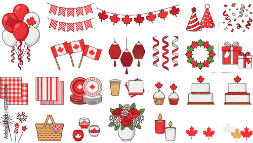 Canada Day celebration elements set with flags red balloons bunting maple leaves cake picnic basket and party decoration icons