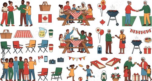 Canada Day backyard barbecue picnic vector illustration set featuring family dining lawn games patriotic party decorations and community gathering elements