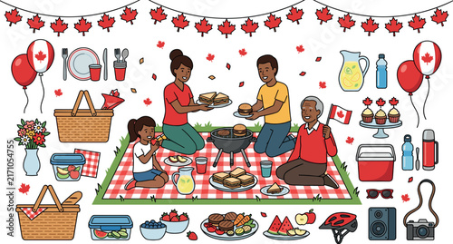 Canada Day family picnic and barbecue set featuring cartoon people food baskets balloons and maple leaf bunting decoration elements