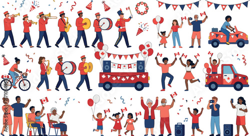 Canada Day parade celebration flat vector illustration set featuring marching band festive floats national flags and patriotic crowds cheering