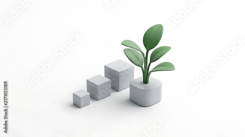 A 3D rendered conceptual image showing a plant growing from a series of increasing cubes.
