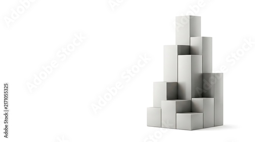 Abstract composition of stacked white cubes forming a modern geometric pedestal for product display.