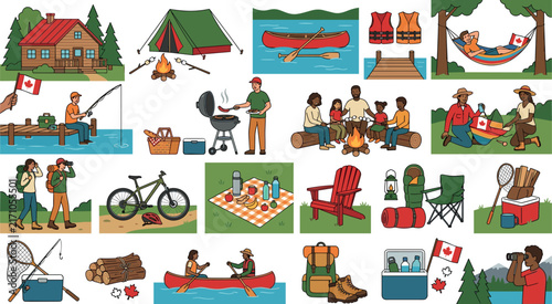 Canada summer camp outdoor recreation vector illustration set featuring cabin camping fishing canoeing campfire picnic and family holiday activities