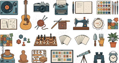 Creative hobbies arts crafts and home entertainment flat vector icon set featuring music painting knitting board games and gardening elements