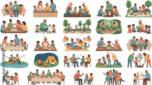 Multigenerational family activities vector illustration set featuring grandparents and grandchildren cooking gardening camping playing and bonding together elements