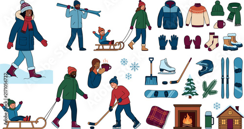 Winter outdoor activities and warm clothing vector icons set featuring families sledding skiing playing ice hockey and snowboarding