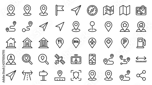 GPS Navigation and Map Location Outline Icon Set with Editable Linear Symbols for Travel Route Tracking and Mobile Applications