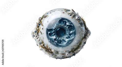 Surreal human eye sculpture containing ocean waves iris with seashells and sand.