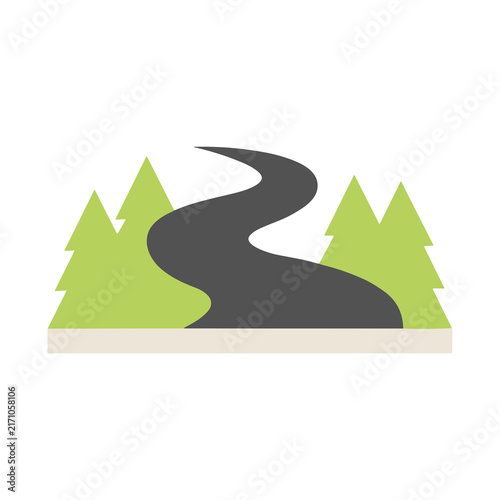 Winding road through pine trees