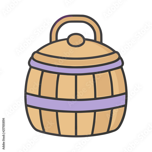 Wooden barrel with purple bands and handle