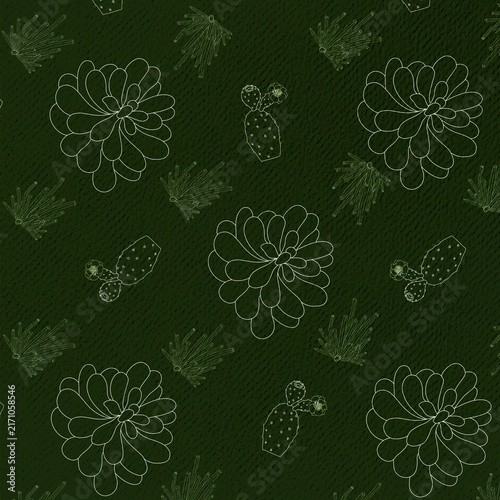 Botanical succulent pattern featuring prickly pear and rosette outlines on a dark green textured fabric background.