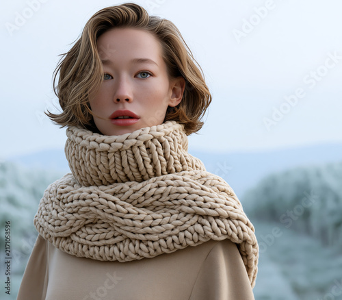 Young woman with short wavy hair wrapped in a chunky cream knit snood scarf on a frosty winter morning.