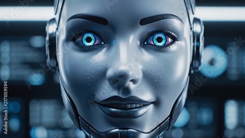 Close-up sequence of humanoid robot face with changing expressions