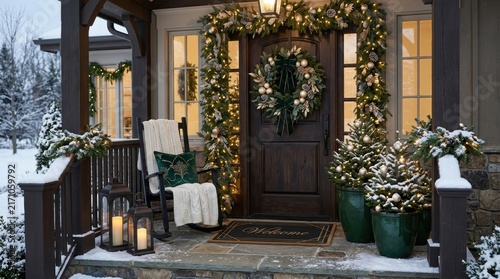 Festive christmas front porch decorated with a wreath, garland, rocking chair, and potted evergreen trees in a snowy winter setting