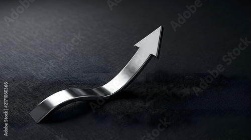 3D silver metallic arrow curving upwards on dark textured background representing financial growth and business success