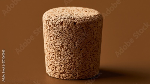 A single piece of natural brown tree bark material formed into a cylindrical stopper is positioned upright to demonstrate its porous texture and utility for sealing various types of beverage