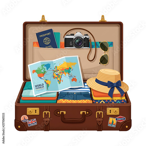 Open Vintage Leather Suitcase Packed With Vacation Essentials Including World Map Camera And Summer Clothing For Travel Adventures