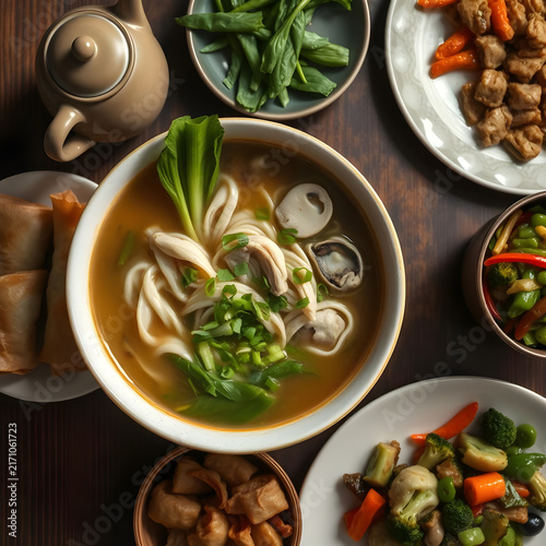 Tasty Chinese Dinner with Chicken Noodle Soup, Golden Vegetable Spring Rolls, Steamed Dumplings and Fragrant Hot Tea
