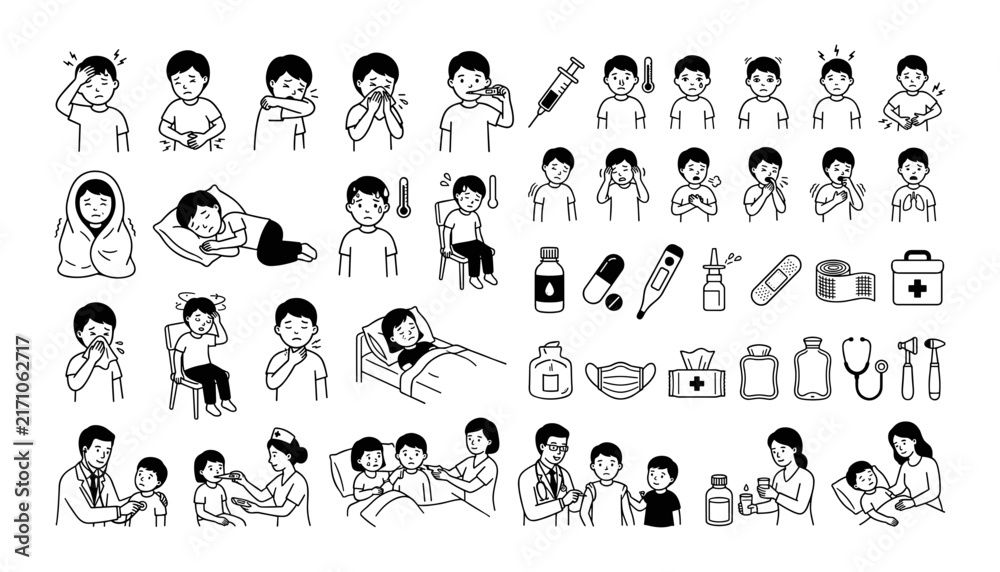 Obraz premium Pediatric Illness Symptoms Child Healthcare Doctor Examination and Treatment Line Vector Icons Set