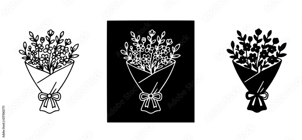 Naklejka premium Flower bouquet styles silhouette and linear outline vector icons set