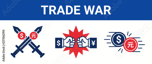Trade war conceptual illustration with currency symbols and icons of economic conflict