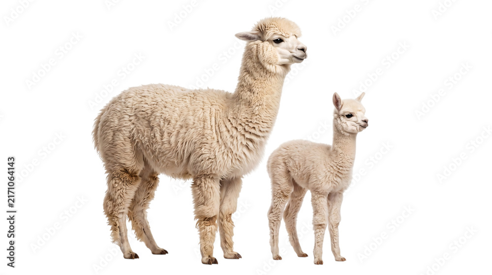 Obraz premium Alpaca and baby alpaca standing side-by-side png on isolated transparent background