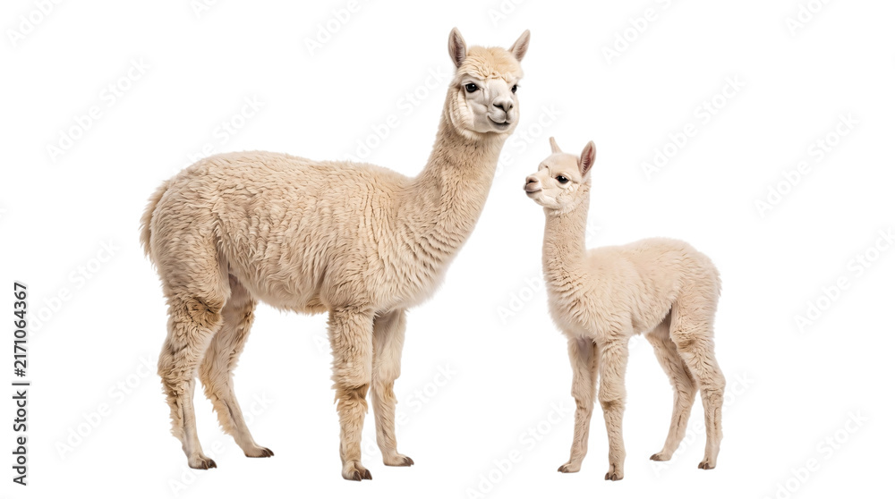 Obraz premium And baby alpaca standing together on white png on isolated transparent background