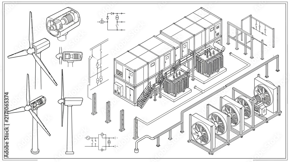 Fototapeta premium A detailed technical isometric line drawing illustrates a modular industrial power substation configuration with transformers and ventilation units.