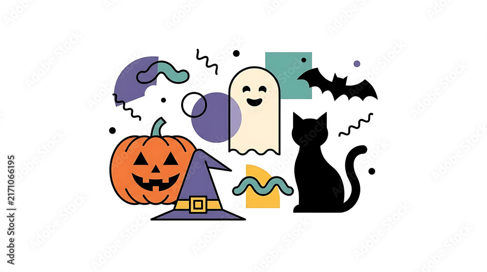 Fototapeta premium Whimsical Halloween Illustration Set Featuring Spooky Pumpkin Ghost Bat and Black Cat Decorative Elements for Seasonal Celebration Design
