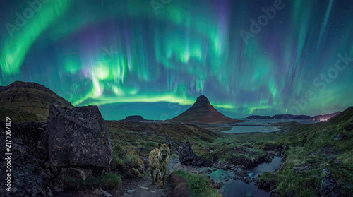 Aurora borealis over a mountain landscape with a hyena in the foreground
